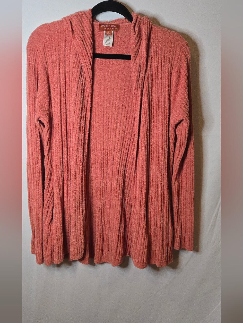 Barefoot Dreams Cozy Chic Ultra lite Coral Open-Front Ribbed Hooded Cardigan L